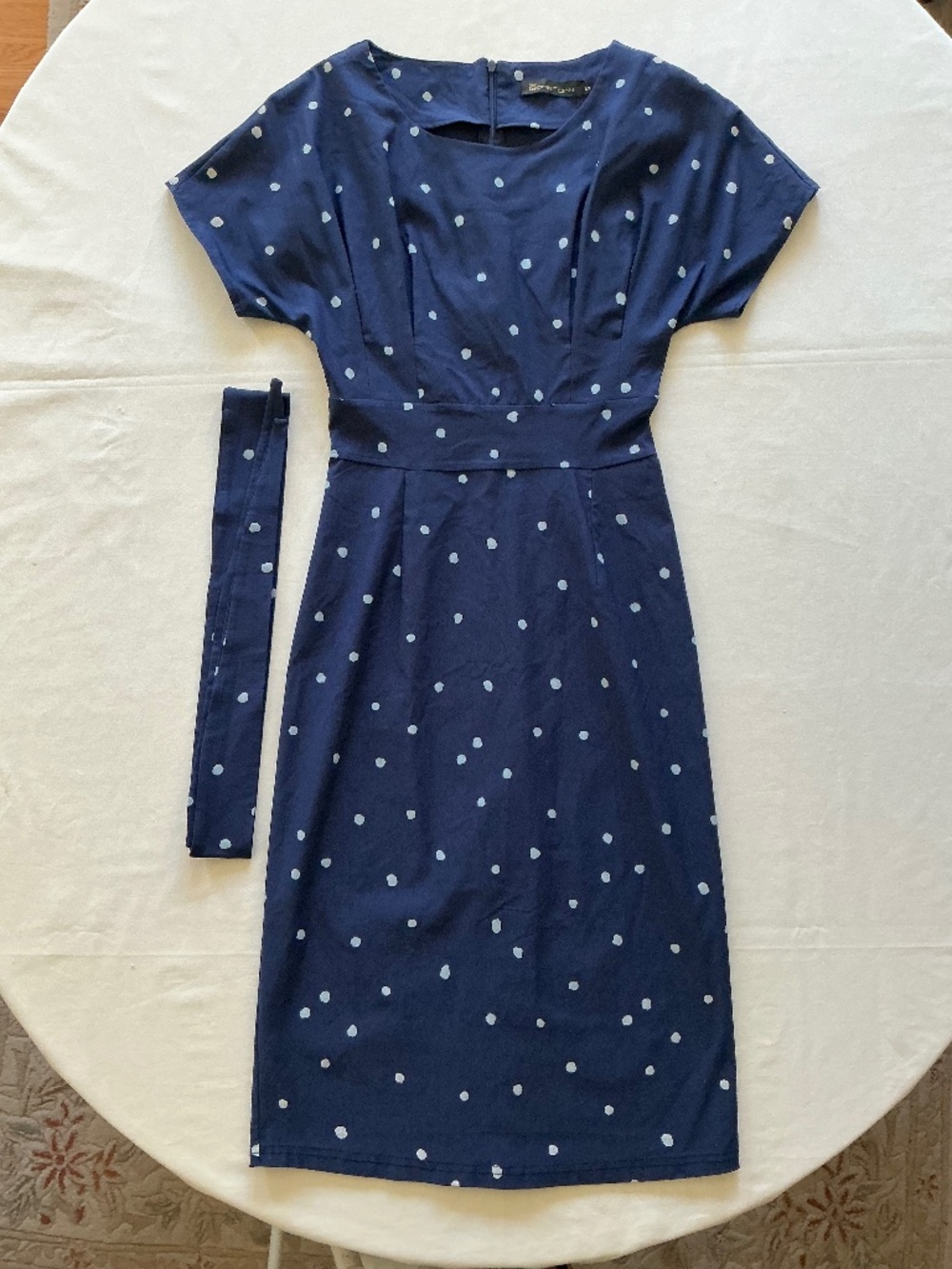 Gown Town Woman’s Retro Style Dress Dark Blue w/ Pale Blue Polka Dots Sz Small